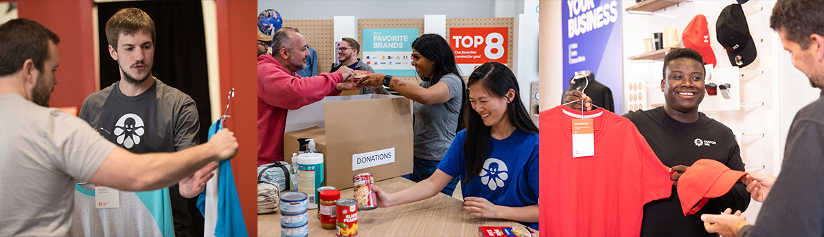 Three images of Custom Ink employees assisting customers in stores.